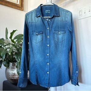Zara Denim Jean Western Boho Button up Shirt Sz M Blue Bohemian